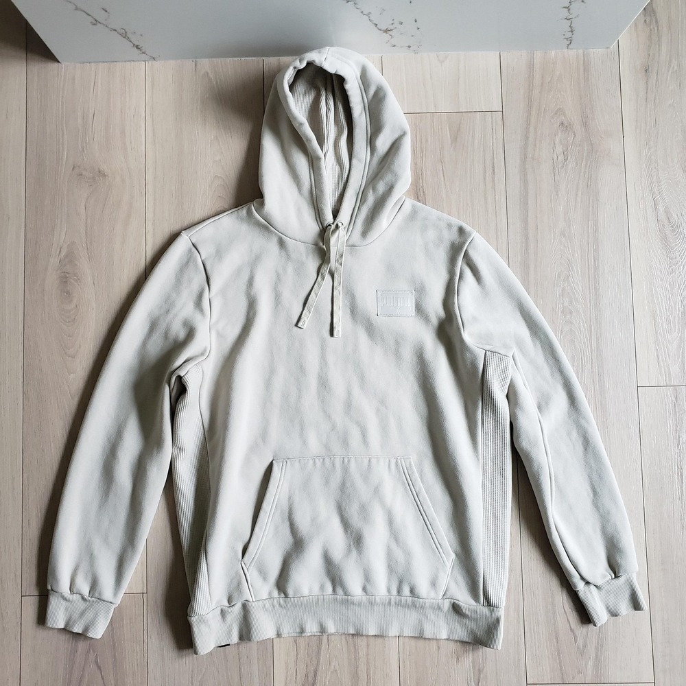 PUMA Hoodie‎ Sweatshirt Mens L Beige Fleece Logo Kangaroo Pocket Pullover